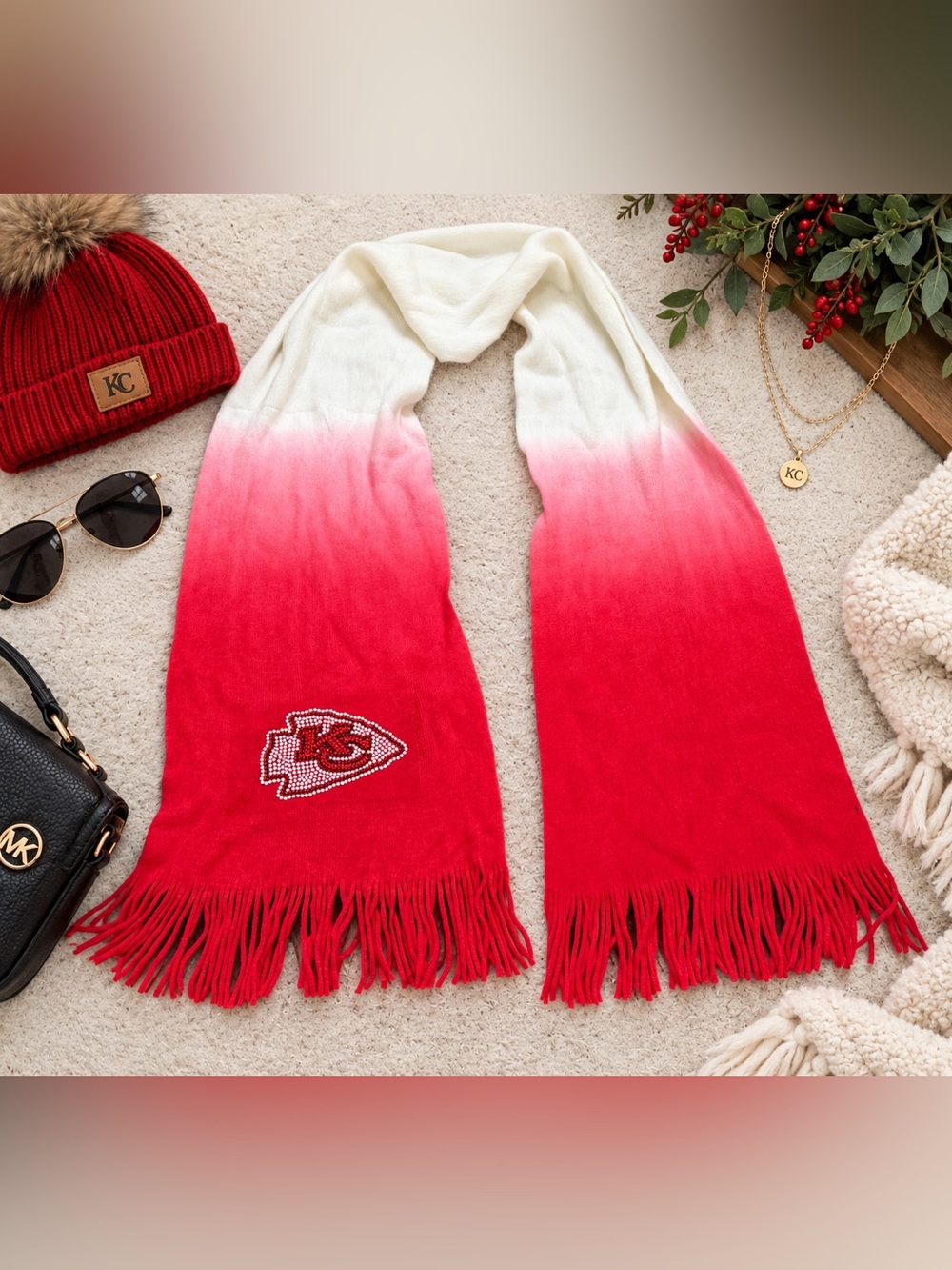 Kansas City Chiefs Little Earth Red White Ombré Jeweled Logo Fringe Scarf